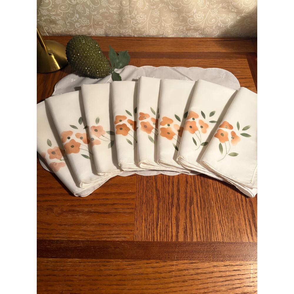 Set of 8 Vintage Hand Painted Floral Napkins - Peach & Green Floral Linens